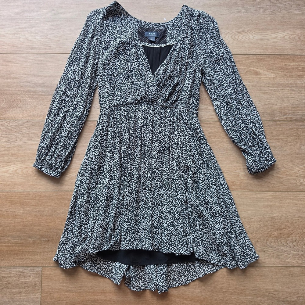 Maeve Anthropologie Black White Animal Print High Low V-Neck Dress XS